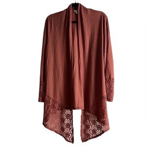 Love Fire Waffle Knit Lace Embellishments Pink Open Cardigan Sweater Sz 1X EUC
